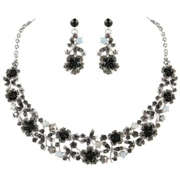 Silver & Black Onyx Austrian Crystal Hibiscus Butterfly Necklace & Earrings Set - Picture 1 of 8